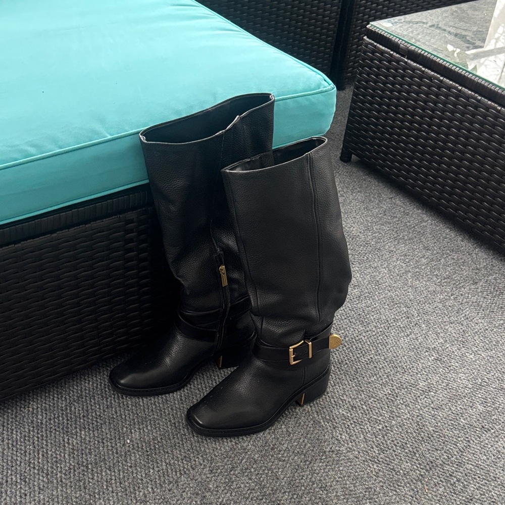 Vince Camuto Black Heeled Boots with Gold Buckle